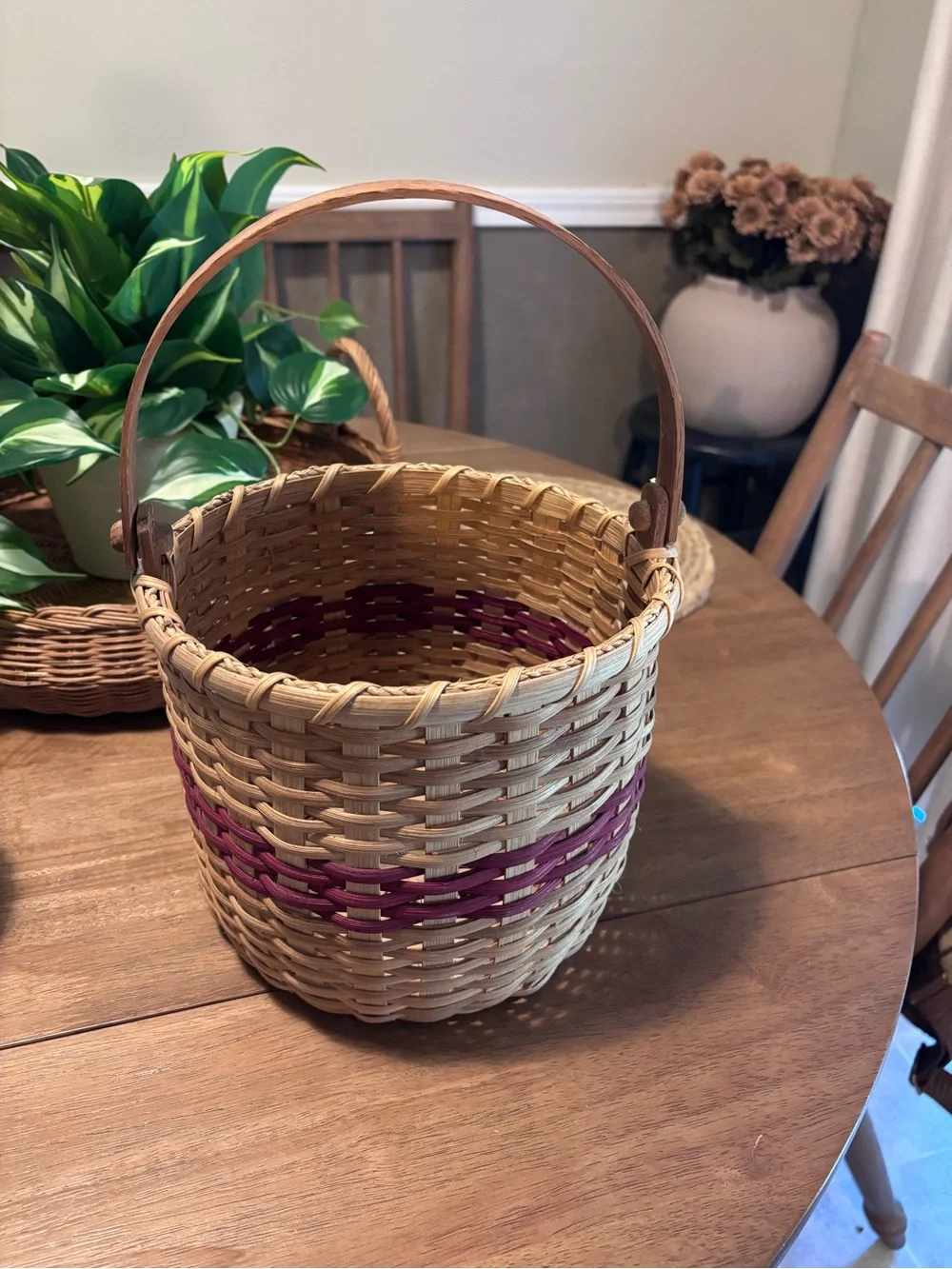 Handwoven Natural and Burgundy Woven Basket with Handle